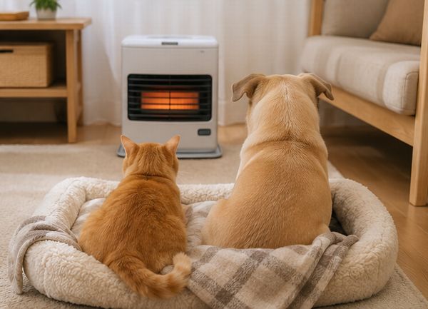 猫と犬がヒーターの前で座っている画像