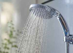 シャワーヘッドから勢いよく水が出ている画像