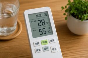 エアコン設定38℃湿度55％のリモコンの画像