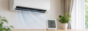 エアコン↓の温度計28℃・湿度55％の表示