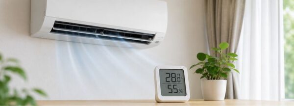 エアコン↓の温度計28℃・湿度55％の表示