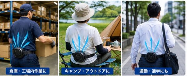 倉庫作業・キャンプ・通勤の腰掛ファンの使用シーン