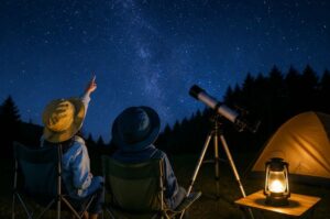 天体望遠鏡で星を観察している画像