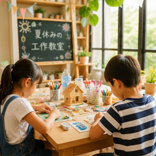 夏休み工作教室で物を作っている画像