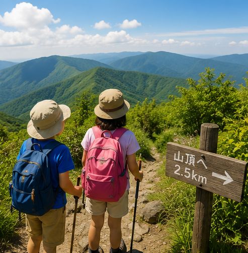 登山で山頂から景色を眺めている画像