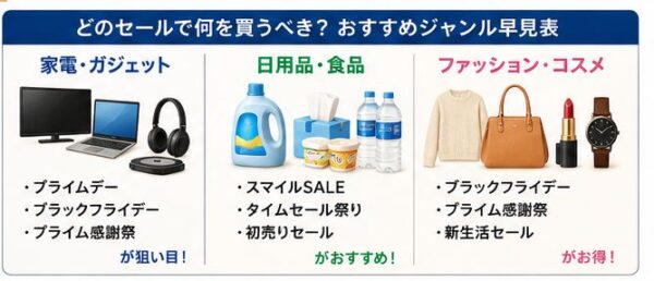 どのセールで何を買うべき?おすすめジャンル早見表