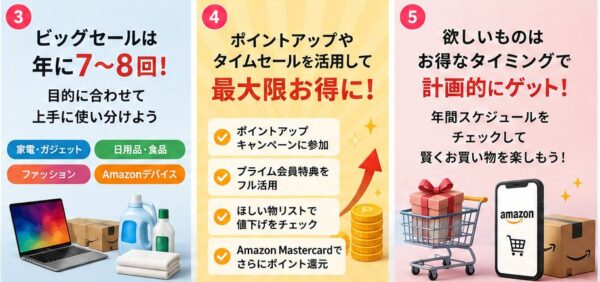 ③ビックセールは年7~8回!④ポントアップタイムセールを活用して最大級お得に!⑤欲しいものはお得なタイミングで計画的にゲット!