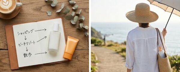 外出の予定と日傘をさした女性の画像