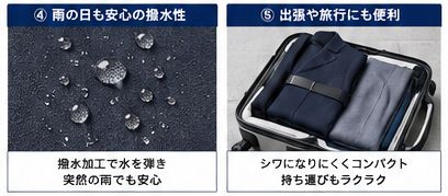4雨の日も安心の撥水性 5出張や旅行にも便利