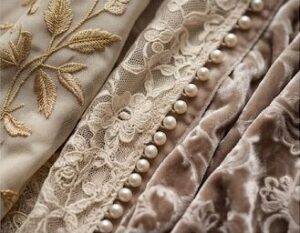 ゴールドの刺繍、繊細な花のレース、パールボタン、そして柔らかなベルベット。これらアクシーズファムの特徴的なディテールをマクロ撮影で捉えました。服全体は見せ、生地と装飾の品質だけを強調しています。