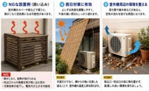 ③NGな設置例、④西日対策に有効、⑤室外機周辺の環境を整える
