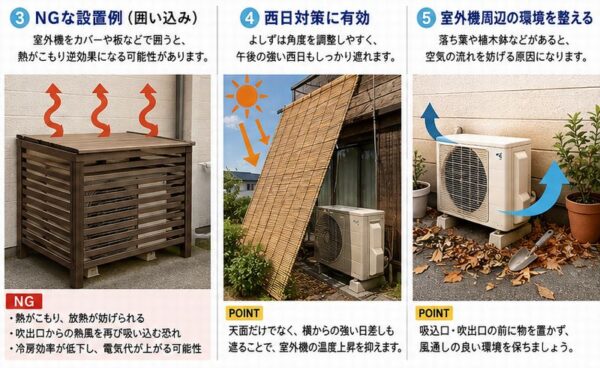 ③NGな設置例、④西日対策に有効、⑤室外機周辺の環境を整える
